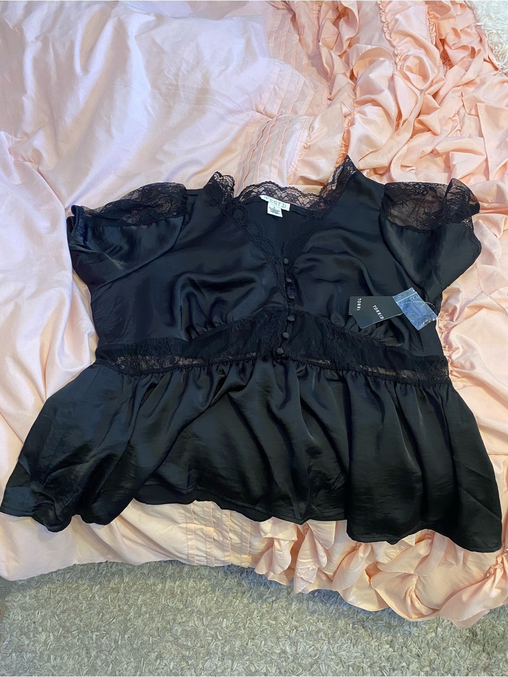Torrid Silky Black Lace-Trim Peplum Top Plus Size Top